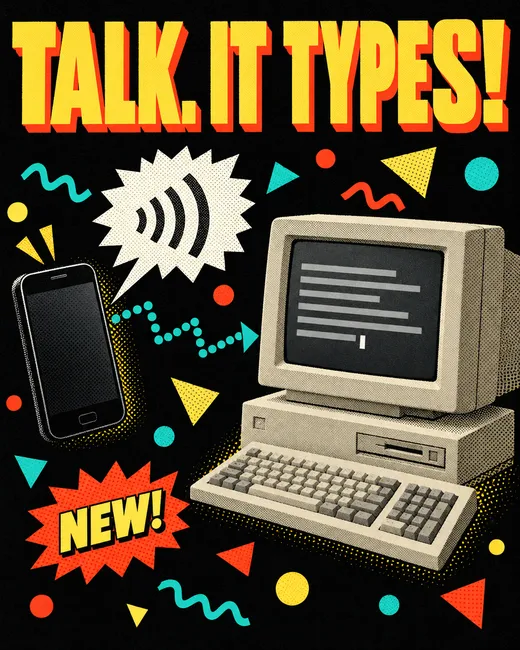 Retro print ad: the headline Talk. It types! above a phone with a speech balloon, a dotted line to a beige desktop computer typing lines of text, and a NEW! starburst.
