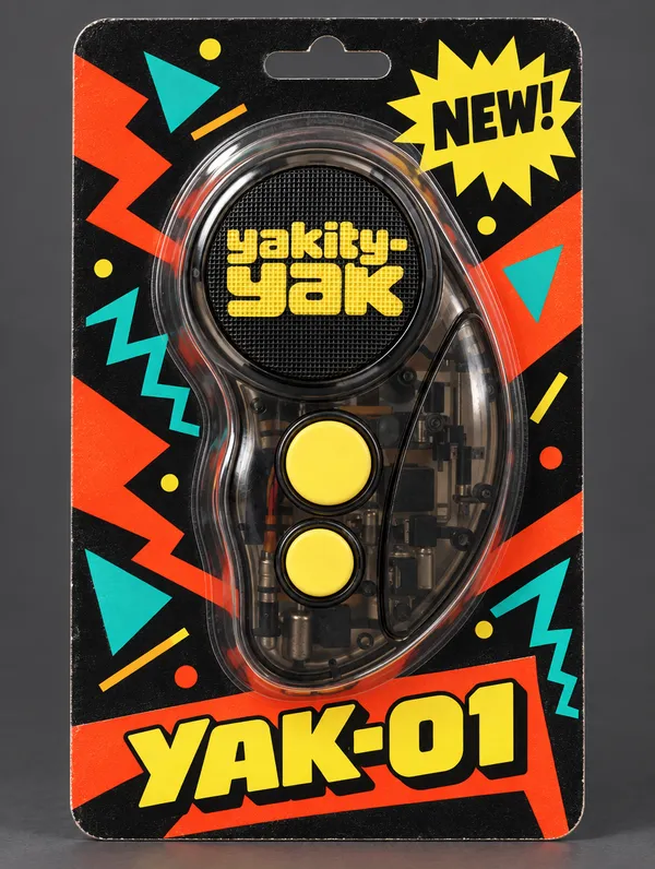 Yak-01 in a 90s-style toy blister pack: the smoky see-through handheld with its yellow yakity-yak speaker grille and two yellow buttons, sealed on a black, red-orange and teal card marked NEW! and YAK-01.