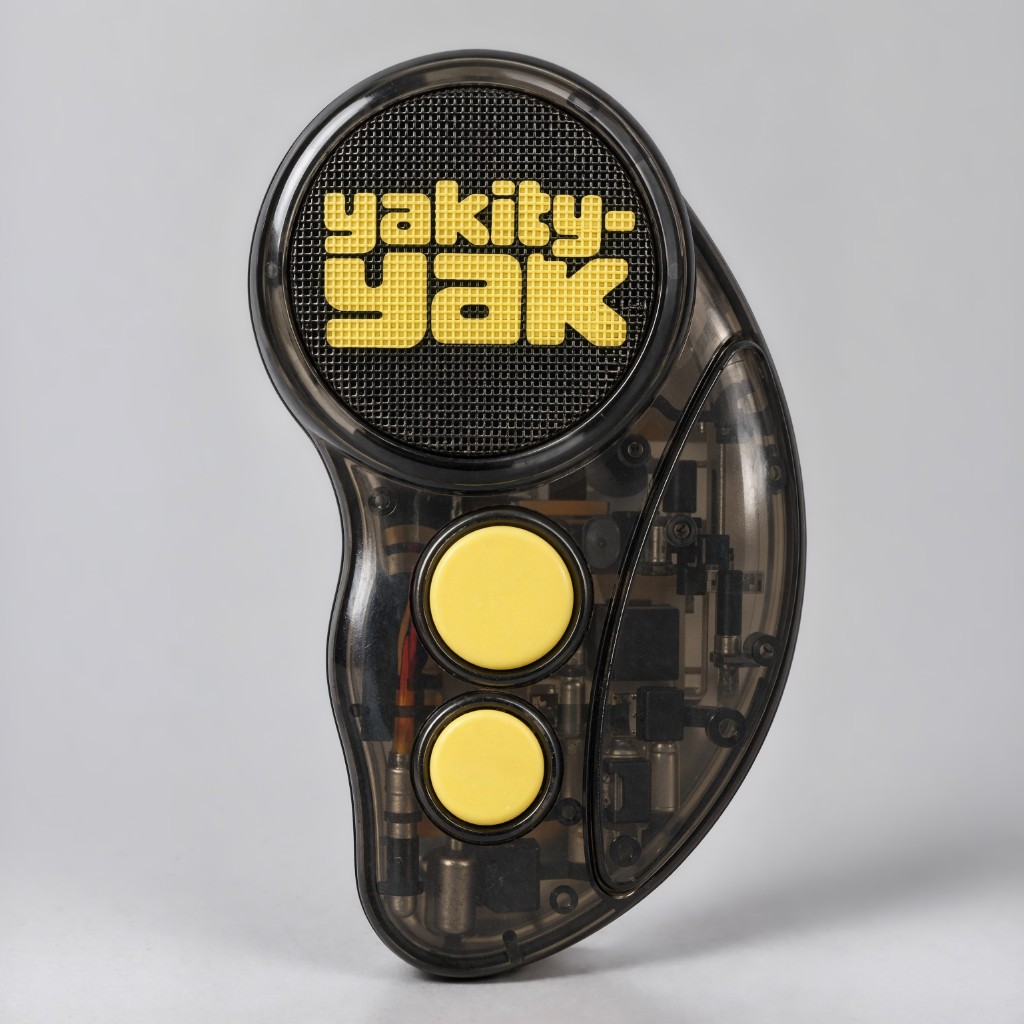 The actual Yak-01: a smoky translucent black handheld with a round speaker grille showing the yellow yakity-yak logo and two round yellow buttons.